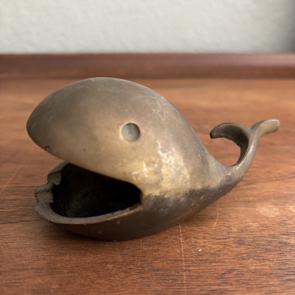 Vintage Solid Brass Whale Ashtray Incense Burner Mouth MCM Whimsical Nautical